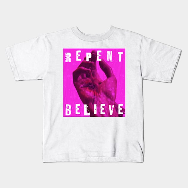 Repent & Believe Streetwear Design - Pink Kids T-Shirt by Inspired Saints